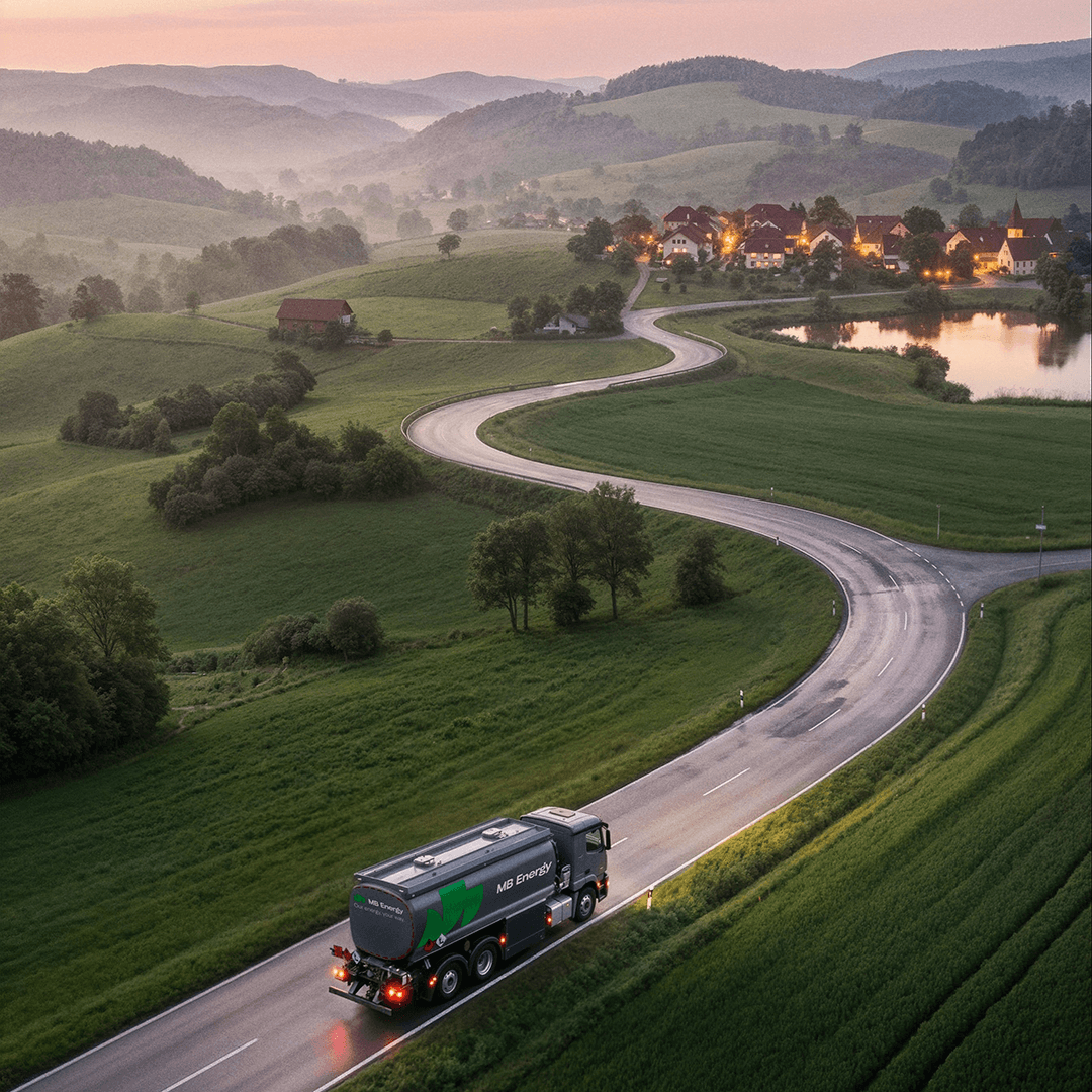 Tanklastwagen von MB Energy auf kurvenreicher Landstraße in ländlicher Hügellandschaft