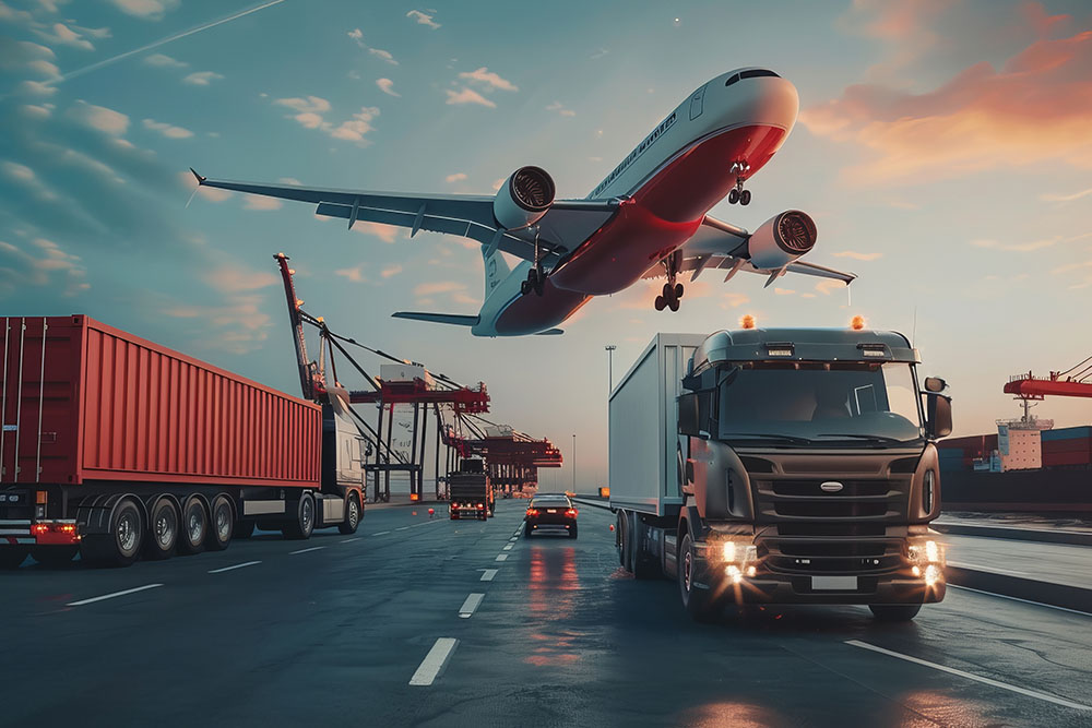 Flugzeug und Truck im Hafen