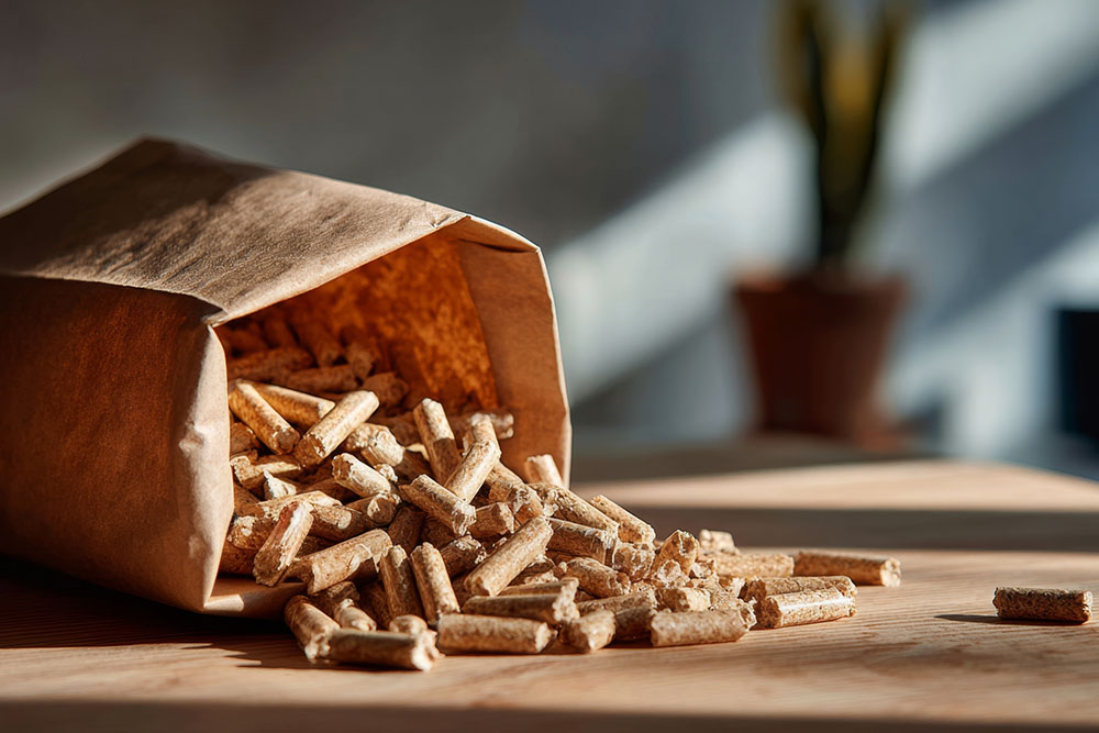 Beutel mit Pellets liegt auf dem Boden