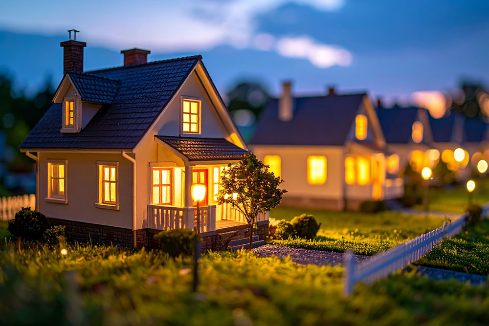 Siedlung mit Einfamilienhäusern in der Dämmerung